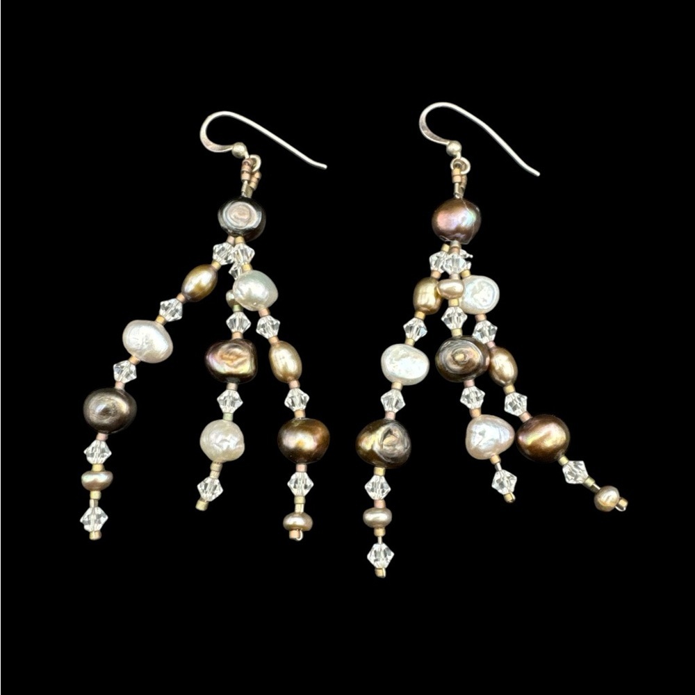 Vintage Sterling Pearl Swarovski Crystal Dangle Tassel Waterfall Earrings
